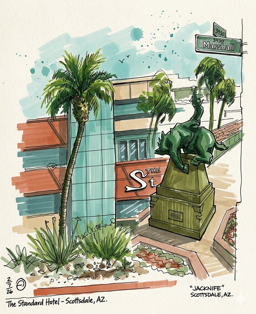 Urban sketch of The Standard Hotel and Jacknife sculpture, Scottsdale